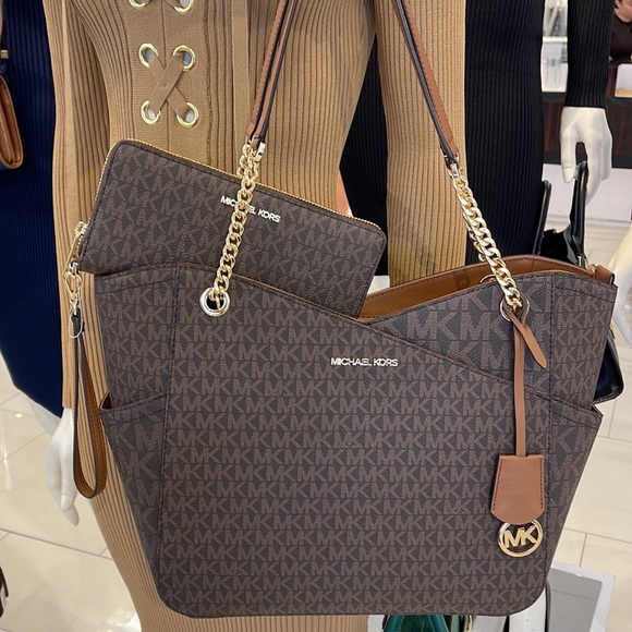 MICHAEL KORS LG X CHAIN SHOULDER TOTE &  JST Large Travel CONTINENTAL Wallet - Picture 11 of 16